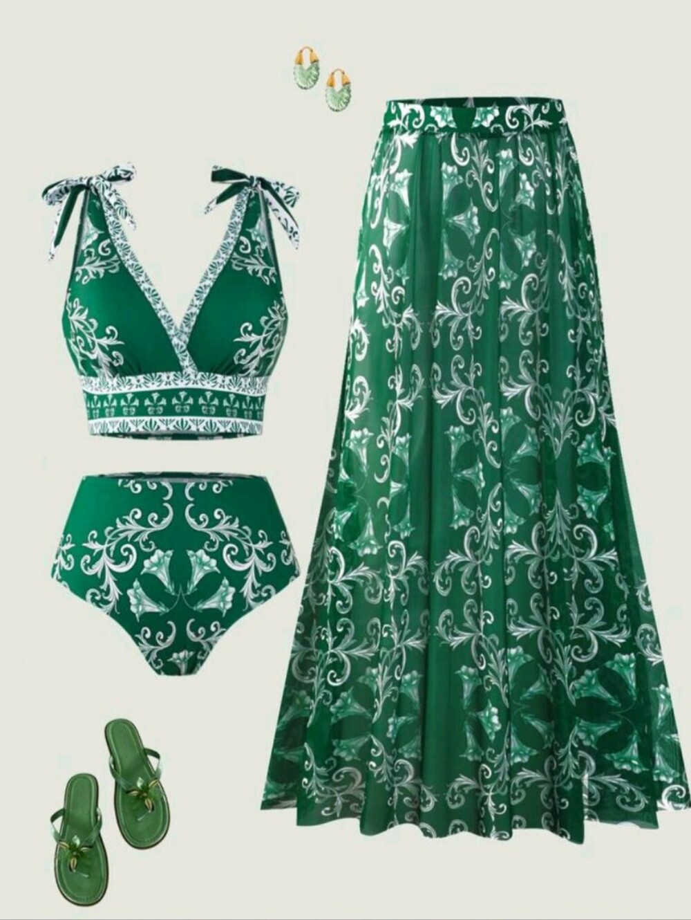 Green Floral Print Bikini Set with Matching Maxi Skirt